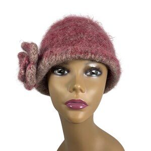 Handmade Felted Mohair Wool Cloche Hat With Rose Accent In Multicolor Pink